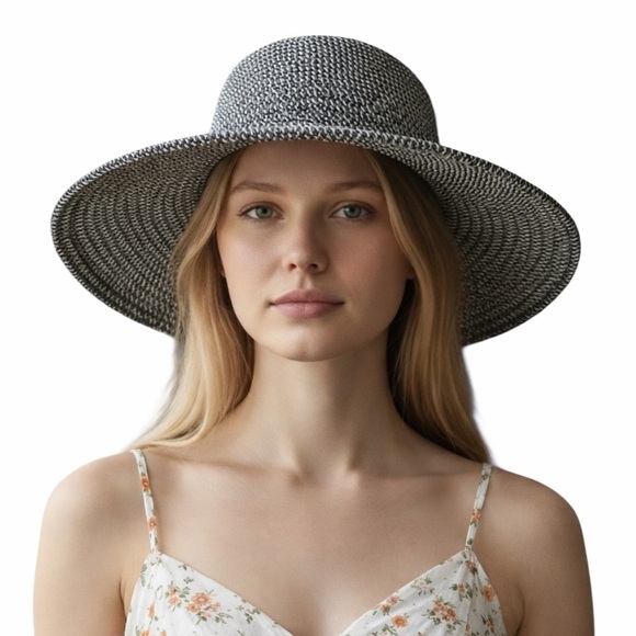 Nine West Accessories - Nine West wide brim straw sun hat in woven black grey and white